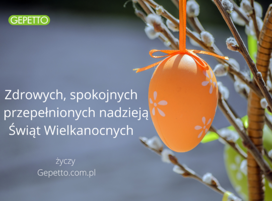 Pisanka na gałązce wiosennej z życzeniami zdrowych i spokojnych Świąt Wielkanocnych od firmy Gepetto.