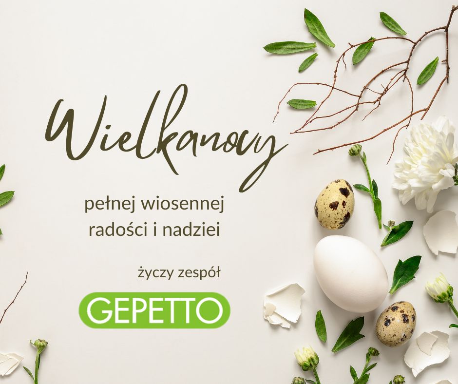 Grafika wielkanocna z jajkiem, kwiatami i gałązkami, wraz z życzeniami od zespołu Gepetto.